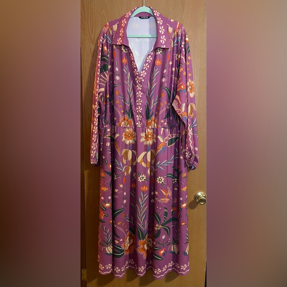 Purple Floral Long Sleeve Collared Midi Dress